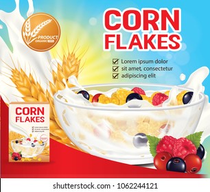 Berry corn flakes , cereal product banner vector illustration