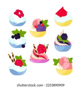 Berry cream. Delicious yogurt with different berries. Vector set in flat style