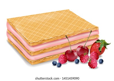 Berry cream waffles cookies Vector realistic. Product placement mock up. Sweet dessert cream splash label design. 3d illustration