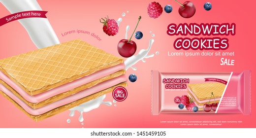Berry cream waffles cookies Vector realistic. Product placement mock up. Sweet dessert cream splash label design. 3d illustration