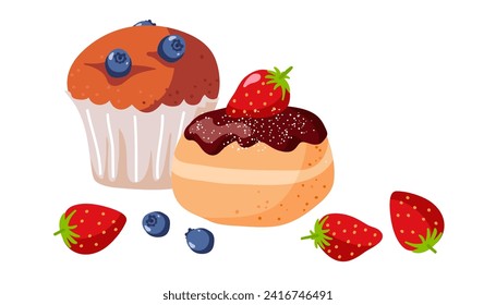 Berry cupcake und Donut Cartoon flache Vektorgrafik. Süßes Essen. Zeichen von Konditorei oder Bäckerei, Café oder Restaurant Menü. Süßigkeiten, ungesunde Lebensmittel, Süßwaren und Süßigkeiten. Obstdesserts