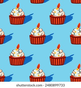 Berry cupcake pattern with shadow, vector	