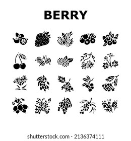 Berry Delicious And Vitamin Food Icons Set Vector. Huckleberry And Buckthorn Plant Branch, Juniper Raspberry, Cloudberry Cherry Berry, Juicy Gooseberry Blueberry Glyph Pictograms Black Illustrations