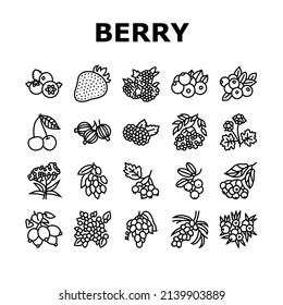 Berry Delicious And Vitamin Food Icons Set Vector. Huckleberry And Buckthorn Plant Branch, Juniper And Raspberry, Cloudberry And Cherry Berry, Juicy Gooseberry Blueberry Black Contour Illustrations
