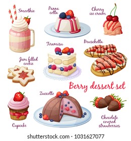 Berry dessert collection. Cartoon style vector icons isolated on white background. Sweet food illustration set