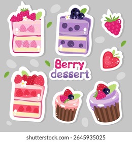 Berry dessert stickers, berries, pieces of cake. Raspberries, strawberries, blueberries