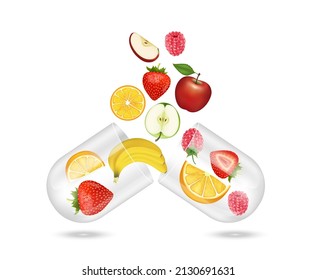 Berry Different Fruit Vegetable Inside Transparent Capsule Open. Rich In Vitamin And Supplements. Natural Products Containing Dietary Fiber And Minerals Healthy. IV Drip Vitamin. Realistic 3D Vector.