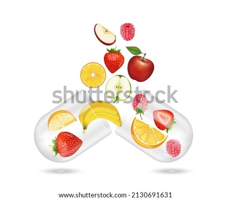 Berry different fruit vegetable inside transparent capsule open. Rich in vitamin and supplements. Natural products containing dietary fiber and minerals healthy. IV Drip vitamin. Realistic 3D vector.