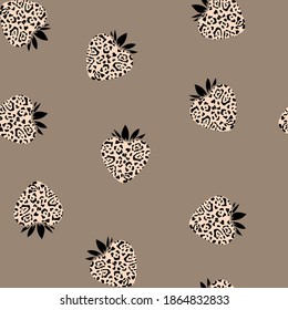 
Berry drawing, strawberries with leopard spots. Seamless vector pattern. Modern trendy print for wallpaper, textile, fabric.