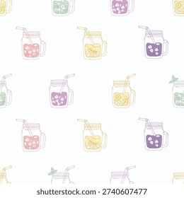Berry Drink Lemonade in Mason Jars Seamless Pattern. Refreshing Cocktail in Ice, Gooseberry, White, Red, Black Currants, Blueberries, mint and Straw on Light Background. Minimalist Vector Illustration