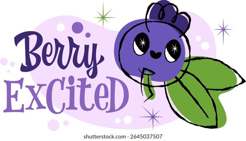 Berry Excited - features a playful, retro 50s style with bold letters in purple. Decor elements include whimsical berry motifs and sparkles, with a color palette of purples, greens, and soft pastels.
