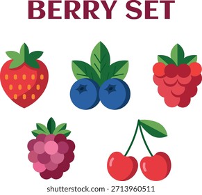 Berry Flat Icon Set – Strawberry, Blueberry, Raspberry, Blackberry and Cherry Vector Illustration