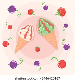 The berry flavor of ice cream will plunge you into an ocean of bliss, dessert, confectioner, sugar, vector, illustration, isolated, berry, background, art, food, jam, waffle cone
