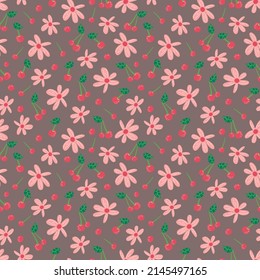 las flores de baya cerezan un patrón vectorial sin fisuras. Fondo repetido con fruta de verano. Uso para tela, envoltura de regalo, embalaje.
