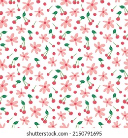 las flores de baya cerezan un patrón vectorial sin fisuras. Fondo repetido con fruta de verano. Uso para tela, envoltura de regalo, embalaje.