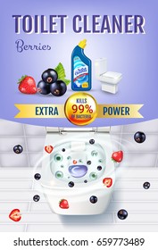 Berry fragrance toilet cleaner gel ads. Vector realistic Illustration with top view of toilet bowl and disinfectant container. Vertical poster.