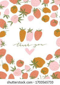 Berry frame design with thank you text. Vector strawberry background, fruit card template. 