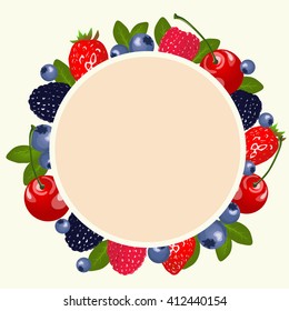 Berry frame. Strawberry, blueberry, cherry, blackberry, raspberry around a circle. Fruit vector illustration.