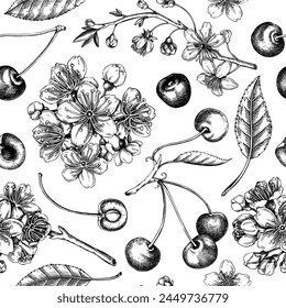 Berry fruit background. Cherry berries, leaves, flowers sketches. Cherry blossom hand-drawn vector illustration. Floral seamless pattern. NOT AI genereted