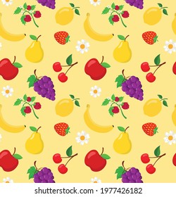 Berry fruit background. Seamless vector pattern with banana strawberry grapes lemon raspberry apple pear