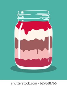 Berry fruit chocolate vanilla coffee cream dessert in vintage mason jar. Layered sweet dessert in transparent glass mason jar. Vector hand drawn illustration.