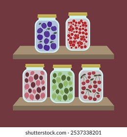 Berry and fruit compote in glass jars, food storage shelves.