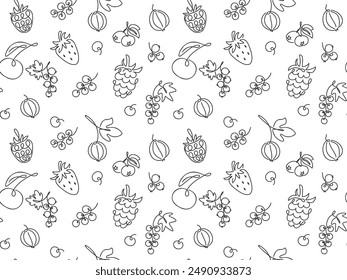 Berry Fruit Doodle Hintergrund. Abstrakte Skizze Beeren nahtlose Muster. Süße Lebensmittel Bildschirmhintergrund mit Kirsche, Heidelbeere, Johannisbeere, Himbeere, Erdbeere. Gesunde Ernährung Vektorgrafik Schwarz-Weiß Illustration