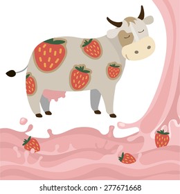 Berry Fruit Milk Cow Splash vector illustration cartoon Dairy products with strawberries Elements isolated on a white background