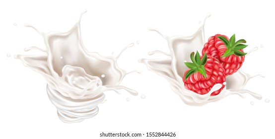 Berry fruit and milk splashing isolated in the middle on white background, Vector realistic in 3d illustration. Food concept.