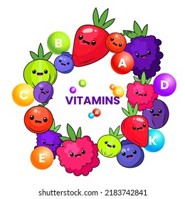 Berry and fruit plant with vitamins A B C D E K healthy organic food. Funny cute face. Juicy fresh berries, raspberry, gooseberry, lingonberry, blueberry, blackberry, strawberry, cartoon vector. 