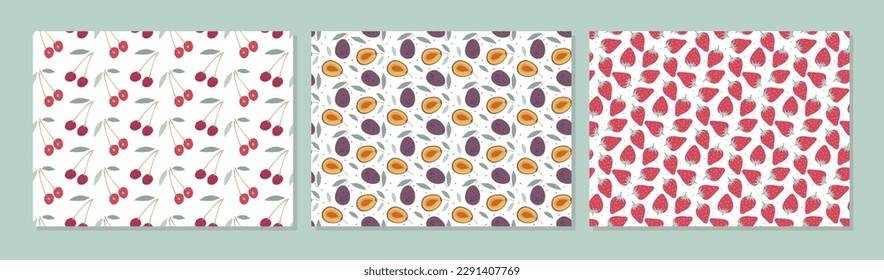 Colección de fondo perfecta de Berry Fruit. Patrón sin foco con cereza, ciruela, fresa sobre fondo blanco. Fondos para textiles, papel de embalaje, papel pintado, diseño de cubierta, tarjeta, pancarta, ropa