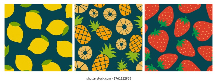 Berry and fruit seamless pattern set. Vector food fashion print. Lemon, pineapple and strawberry. Design elements for textile or clothes. Hand drawn doodle repeating delicacies. Cute background