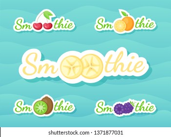 Berry and fruit smoothie drink sticker set vector illustration. Natural fruit with Smoothie sign in white frame at Fresh smoothies cocktail sticker for offer drawing sign or store promotion art