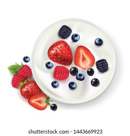 Berry Fruit Yogurt Realistic Composition With Top View Of Yoghurt Can With Ripe Berries And Shadows Vector Illustration