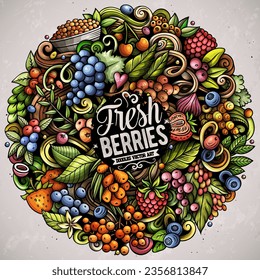 Berry Fruits cartoon vector doodles illustration. Nature food elements and objects background. Bright colors round funny picture. All items are separated