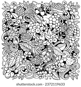 Berry Fruits cartoon vector doodles illustration. Nature food elements and objects background. Sketchy funny picture. All items are separated