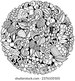 Berry Fruits cartoon vector doodles illustration. Nature food elements and objects background. Sketchy round funny picture. All items are separated
