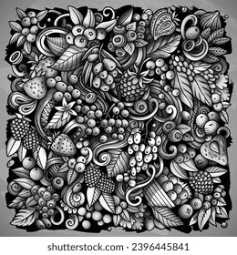 Berry Fruits cartoon vector doodles illustration. Nature food elements and objects background. Monochrome funny picture. All items are separated
