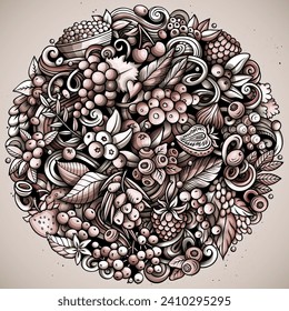 Berry Fruits cartoon vector doodles illustration. Nature food elements and objects background. Monochrome funny picture. All items are separated
