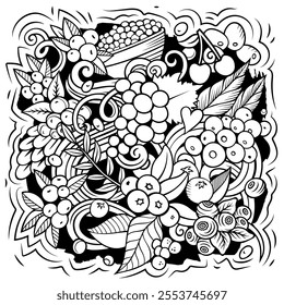 Berry Fruits cartoon vector doodles illustration. Nature food elements and objects background. Line art funny picture