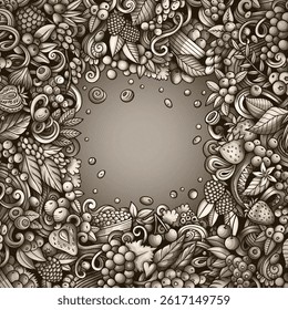 Berry Fruits cartoon vector doodles frame illustration. Nature food elements and objects background. Monochrome funny picture. All items are separated