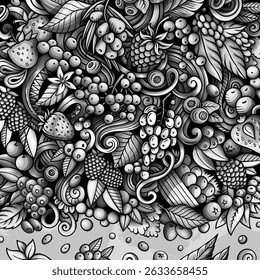 Berry Fruits cartoon vector doodles frame illustration. Nature food elements and objects background. Monochrome funny picture. All items are separated