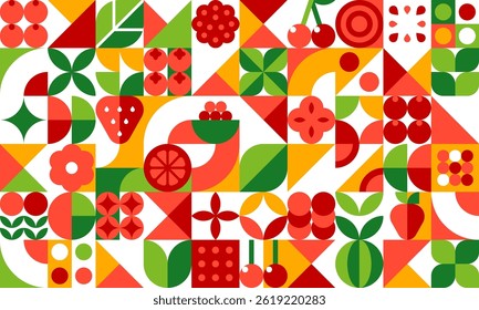 Berry fruits geometric pattern. Vector background of fresh strawberry, raspberry, cranberry and cherry berries, green apples and oranges. Abstract geometric shapes mosaic pattern of flat fruit slices