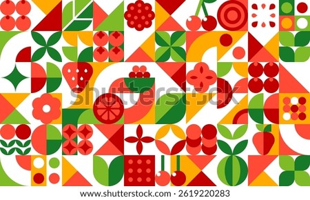 Berry fruits geometric pattern. Vector background of fresh strawberry, raspberry, cranberry and cherry berries, green apples and oranges. Abstract geometric shapes mosaic pattern of flat fruit slices
