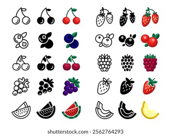 Berry and fruits icon set. Summer pictogram. Strawberry and raspberry sign. Melon and watermelon symbol. Blueberry and grape illustration.