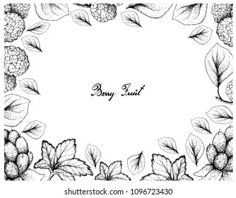 Berry Fruits, Illustration Frame of Hand Drawn Sketch Delicious Fresh Cloudberry or Rubus Chamaemorus and Chinese Mulberries or Morus Australis FruitsIsolated on White Background.