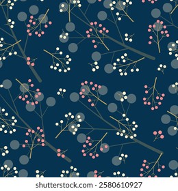 Berry fruits seamless pattern. Floral surface pattern design of berries. Allover print foliage texture on prussian blue color background. 