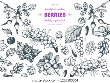 Berry hand drawn vector illustration frame. Hand drawn sketch illustration with goji berries, buckthorn, cloudberry, cherry, raspberry, barberry. Healthy food design template with berry