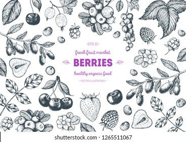 Berry hand drawn, vector illustration frame. Hand drawn sketch illustration with goji berries, cranberry, cloudberry, cherry, raspberry, currant, strawberry. Food design template with berry