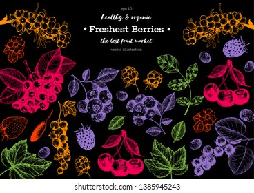 Berry hand drawn vector illustration frame. Hand drawn sketch illustration with sea buckthorn, goji berries, cloudberry, blueberry, strawberry. Healthy food design template with berry.